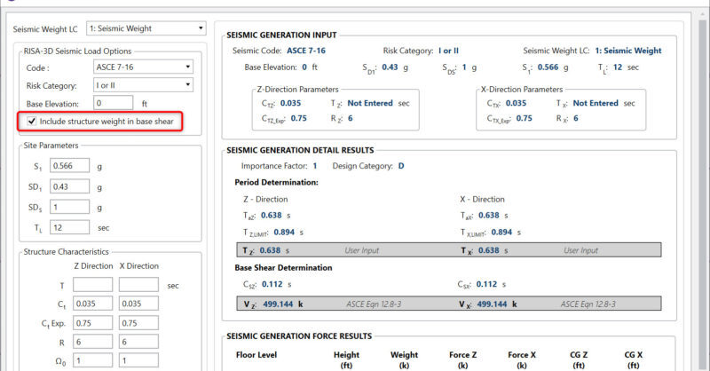 What does the Include Structure Weight Checkbox Do for Seismic Loads?