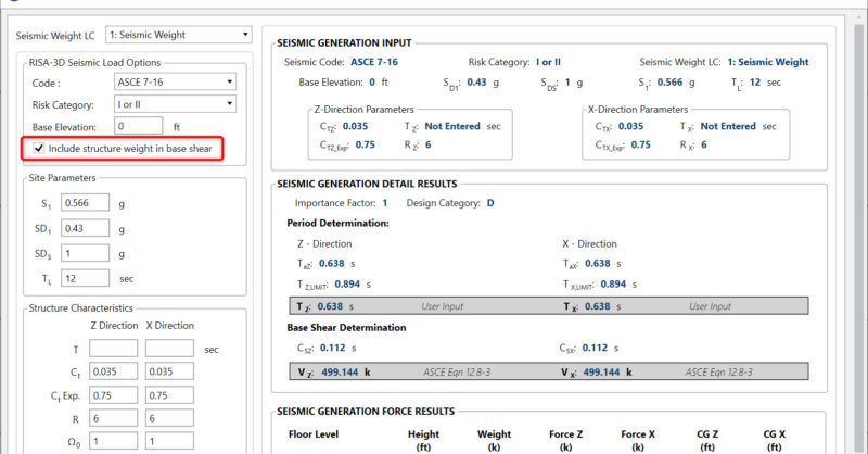 What does the Include Structure Weight Checkbox Do for Seismic Loads?