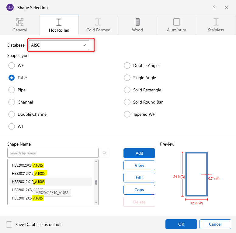 Using the A1085 Database from the Steel Tube Institute in RISA-3D